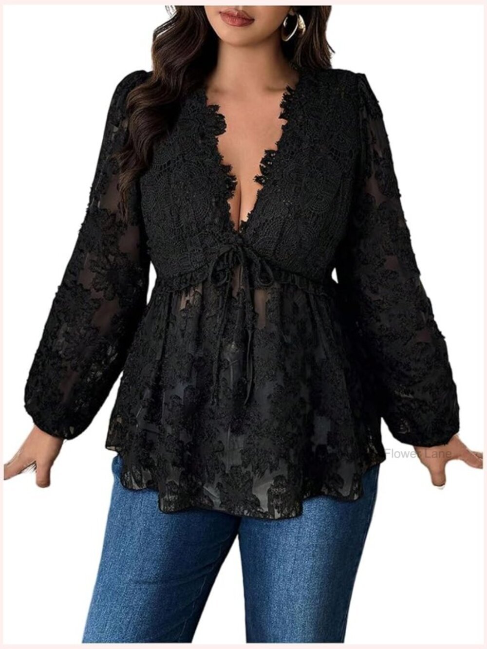 Lace V Neck Blouse Long Bishop Sleeve Ruffle Peplum Top